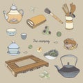 Set tea ceremony with various traditional tools. Teapot, bowls, gaiwan. Colorful hand drawn illustration.