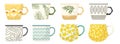 Set of Tea or Coffee Cups Side View. Various Mugs with Trendy Ornament Palm Leaves, Lemon and Banana Fruits, Flowers