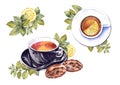 Set of tea cups, lemon, cookies and mint leaves.