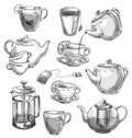 Set of tea cups and teapots. Vector sketch.