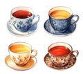 set of tea cups. vintage illustration, classic english tea