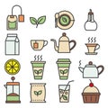 Colored tea linear icons collection. Tea flat icons set