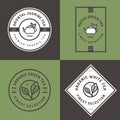 Set of tea logo, badges, banners, emblem for tea shop in linear style with leaf seamless pattern background. Organic tea package.