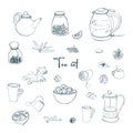 Set tea party objects. Collection with hand drawn kettle,jar,lemon,leaf,cup,ginger,cinnamon. vector illustration.