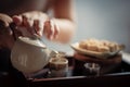 A set of tea and Roasted Mitarashi Dango with the sweet sauce, one of the most popular Japanese street food Royalty Free Stock Photo