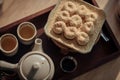 A set of tea and Roasted Mitarashi Dango with the sweet sauce, one of the most popular Japanese street food Royalty Free Stock Photo