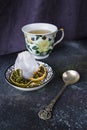 Set of tea, vintage silver spoons, various of tea and cup of tea