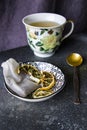 Set of tea, vintage silver spoons, various of tea and cup of tea