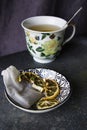 Set of tea, vintage silver spoons, various of tea and cup of tea