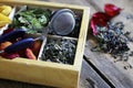 Set tea wooden box rose Royalty Free Stock Photo