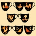 Set of teacup with cute cartoon animals and flowers. Cock, chicken, kangaroo, cat and kitten, birds in golden tones on black