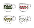 Set of teacups and mugs painted by watercolor.