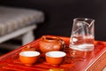 Set of teapot, chahe with tea and two bowls Royalty Free Stock Photo