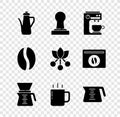 Set Teapot, Coffee tamper, machine, Pour over coffee maker, cup, beans and bean, branch icon. Vector