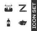 Set Teapot with cup, Bench barbel, Bottle of water and Tape measure icon. Vector