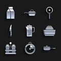 Set Teapot, Kitchen timer, Frying pan, Citrus fruit juicer, Salt and pepper, Knife, and Paper package for milk icon Royalty Free Stock Photo