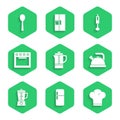 Set Teapot, Refrigerator, Chef hat, Kettle with handle, Blender, Oven, and Spoon icon. Vector