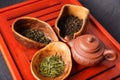 Set of teapot and three kinds of tea in chahe