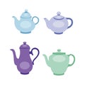 Set of teapots on white background. Vector illustration home crockery, kettles different shapes in cartoon style