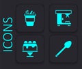 Set Teaspoon, Coffee cup to go, machine and Cake icon. Black square button. Vector