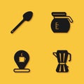 Set Teaspoon, Coffee maker moca pot, Location with coffee cup and icon with long shadow. Vector