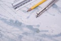 Set of technical drawing tools on a marble background with a copy space Royalty Free Stock Photo