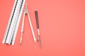 Set of technical drawing tools on a red background with a copy space Royalty Free Stock Photo