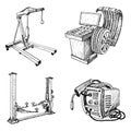 A set of technical equipment: balancing machine, car lift, garage crane, welding machine. Sketch style illustration