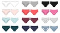 Set of technical sketch of briefs for girls. Female underpants. White, grey, black, blue, milk, pink, red, colors melange and