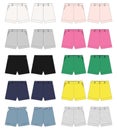 Set of technical sketch women`s classic shorts pants design template.