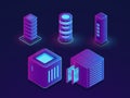 Set of technology elements, server room, cloud data storage, future data science progress objects isometric vector Royalty Free Stock Photo