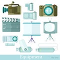 Set of technology flat icons on white. camera, television, flash drive, screen, video camera, photo camera, movie clapperboard and Royalty Free Stock Photo