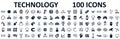 Set of 100 technology icons. Industry 4.0 concept factory of the future. Technology progress: 5g, ai, robot, iot, near field Royalty Free Stock Photo