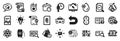Set of Technology icons, such as Freezing water, Settings blueprint, Search book. Vector