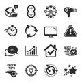 Set of Technology icons, such as Swipe up, Outsourcing, Quick tips symbols. Graph chart, Timer, Computer signs. Vector