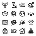 Set of Technology icons, such as World planet, Analytics graph, Cloud protection symbols. Vector