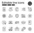 Set of Technology outline icons. Contains icons as Chat messages, Led lamp and Approved checklist elements. Vector