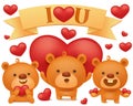 Set of teddy bear emoji characters with red hearts