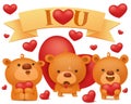 Set of teddy bear emoji characters with red hearts