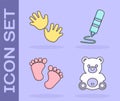 Set Teddy bear plush toy, Baby hands print, Baby footprints and Wax crayon for drawing icon. Vector