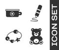 Set Teddy bear plush toy, Baby potty, Rattle baby toy and Wax crayon for drawing icon. Vector Royalty Free Stock Photo