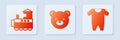 Set Teddy bear plush toy, Toy train and Baby clothes. White square button. Vector Royalty Free Stock Photo
