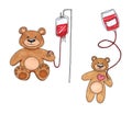 Teddy Bear transfused blood with a dropper isolated on white, Teddy Bear toy is sick, child blood transfusion concept