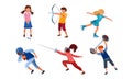 Set of teenagers doing various kinds of sports activities. Vector illustration in flat cartoon style