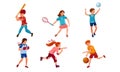 Set of teenagers doing various kinds of sports activities. Vector illustration in flat cartoon style