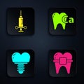 Set Teeth with braces, Dental medical syringe, Dental implant and Calcium for tooth. Black square button. Vector
