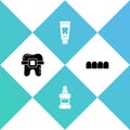 Set Teeth with braces, Mouthwash bottle, Tube of toothpaste and Dentures model icon. Vector Royalty Free Stock Photo