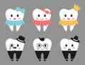 Set of 6 teeth characters. Girls in a dress and with a wreath, crown and bow.Boys with glasses and hats. The design elements in