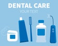 Set of teeth hygiene items: toothbrush, toothpaste, floss, oral flosser. and mouthwasher with sign DENTAL CARE. In blue Royalty Free Stock Photo