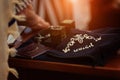 A set of tefillin with verses from Torah written on them and a pouch saying tefillin in Hebrew on it